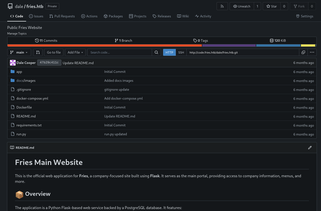 Repository fries.htb hosts the source code for the main page