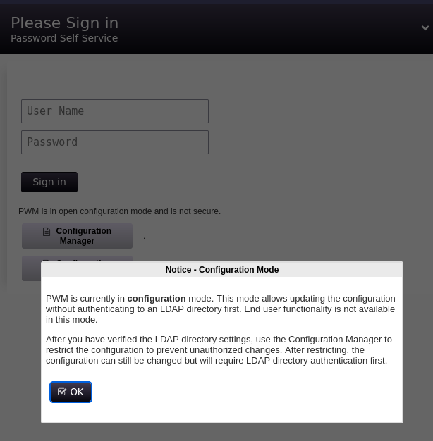 Password Manager PWM on HTTPS shows a notice regarding running in configuration mode