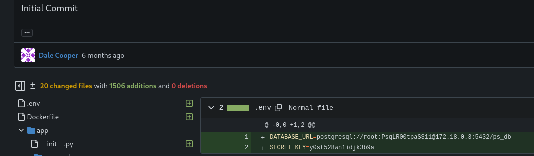 Commit showing an .env file with the credentials to the Postgres database ps_db