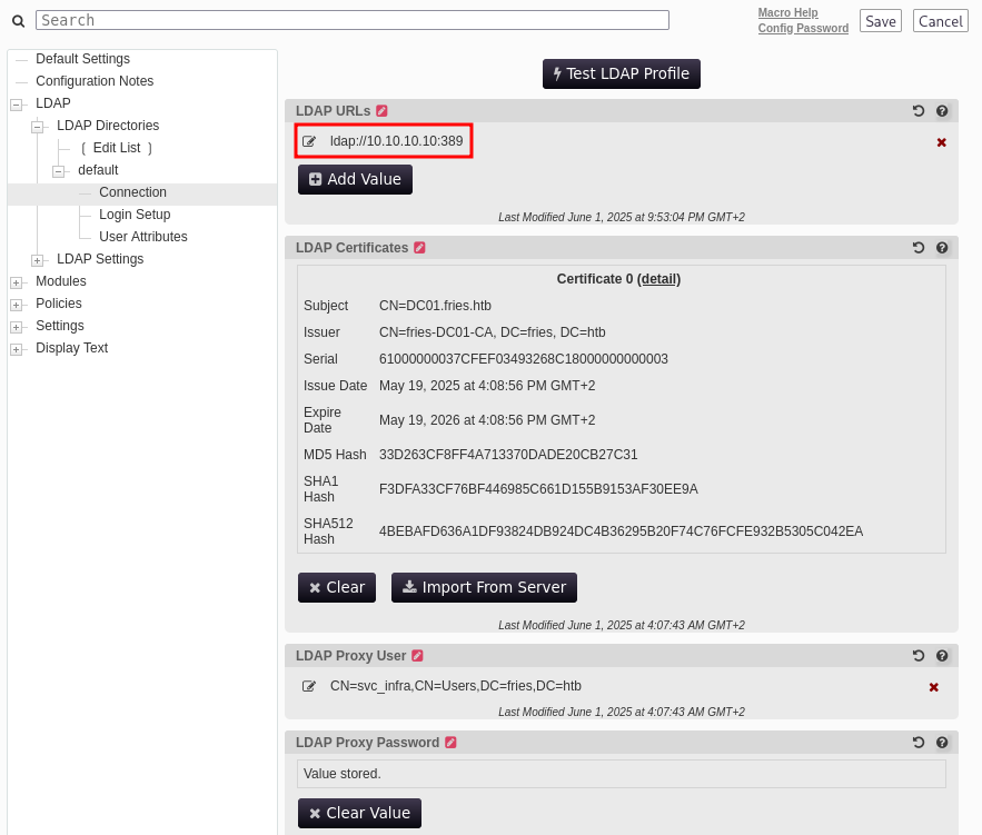 Showing the LDAP connection settings in PWM with the URL modified to point to Kali