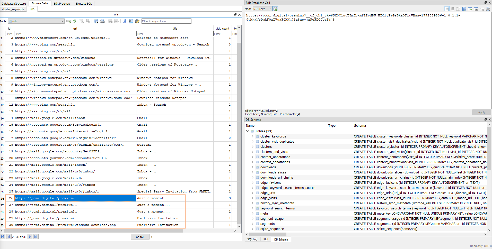 History database showing the redirect chain