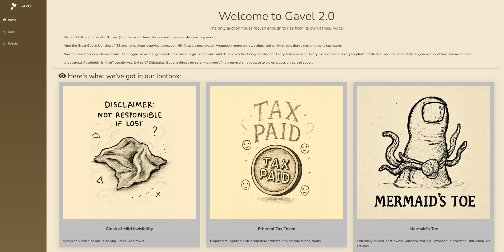 Web page for an auction house