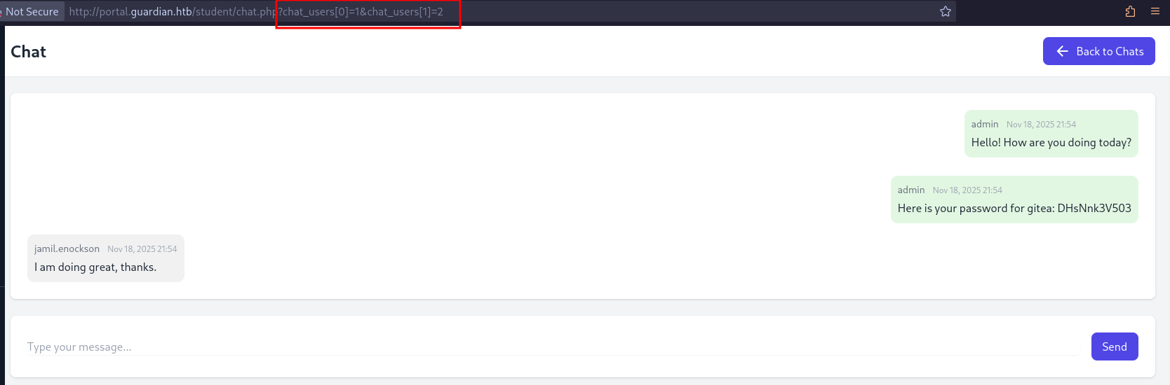 Chat between admin and a student containing the password for Gitea
