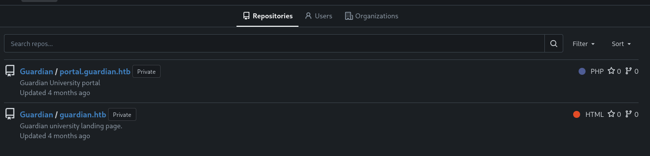 Gitea showing two repositories