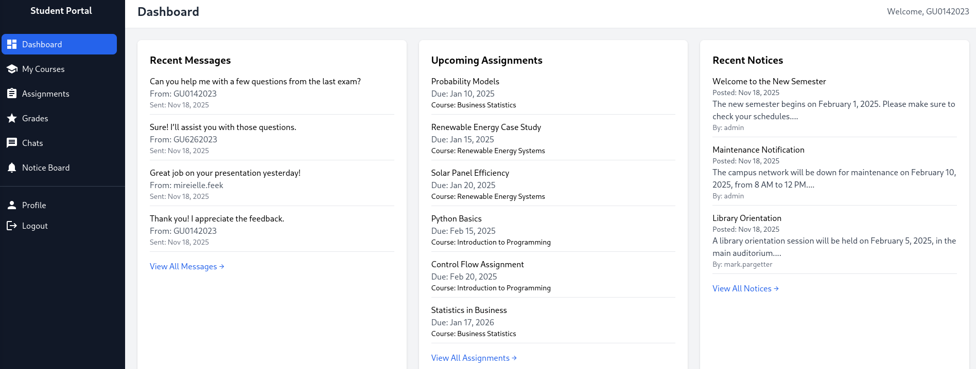 Dashboard in the student portal