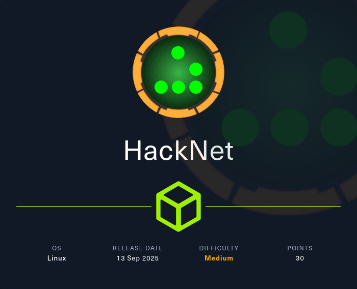 Machine Card showing HackNet as a medium Linux machine
