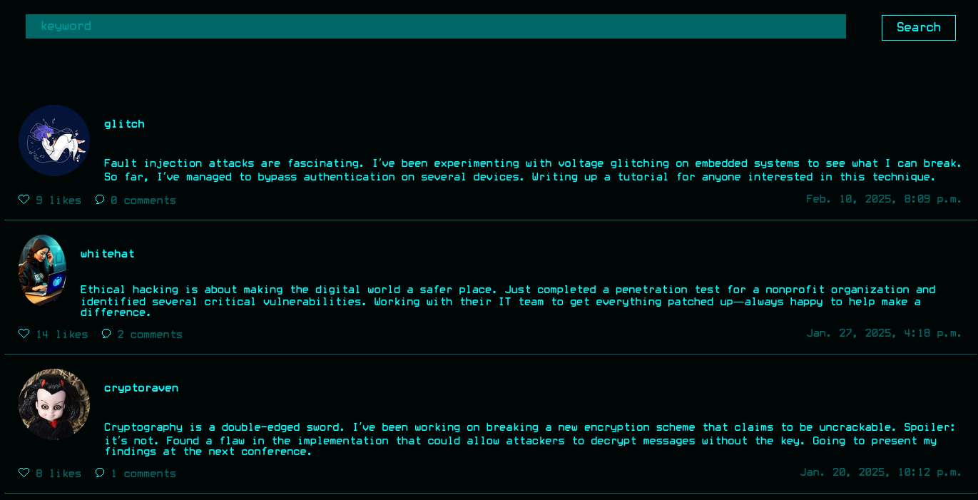 The Explore view showing messages from other members and a search bar
