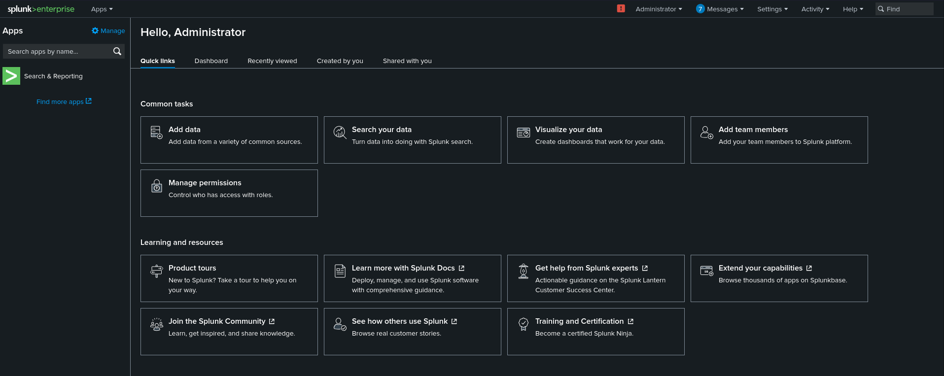 Access to the Splunk dashboard as administrator