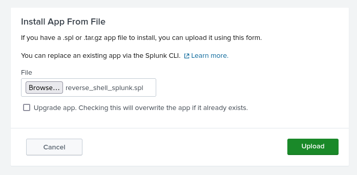 Upload form in Splunk to install a new app from file