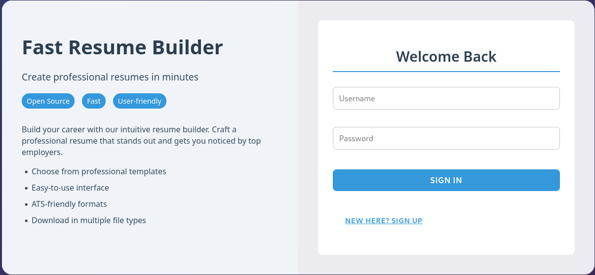 Web page showing a login prompt to a resume builder
