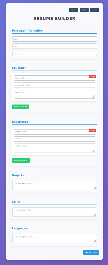 Resume builder with input fields