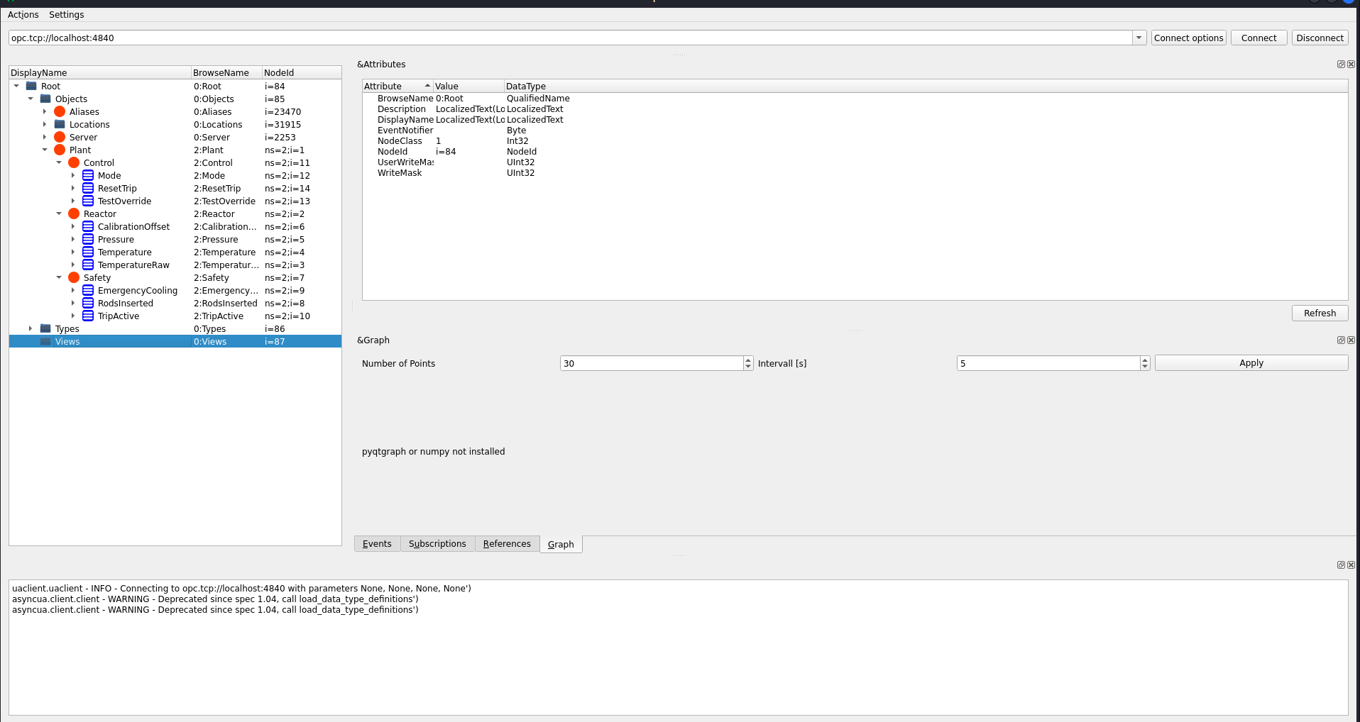 opcua-client connected to the application showing the systems from the PDF