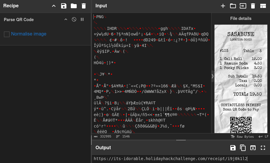 CyberChef decoding the QR code in the image
