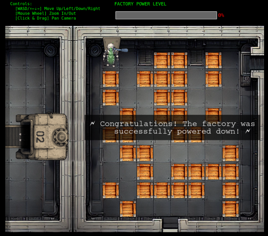 The factory floor shows the robot moved to the off switch and the power level is set to 0%
