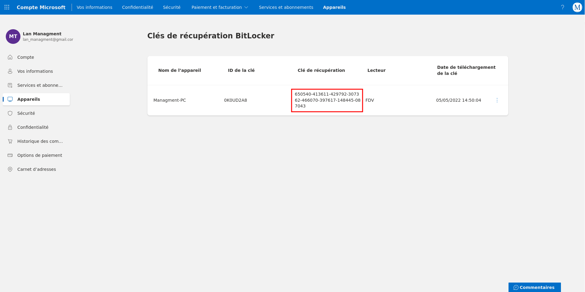 Screenshot of a saved HTML page containing the Bitlocker Recovery Key