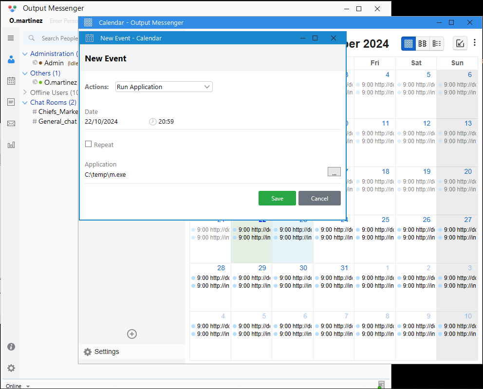 Add dialog to place a new reminder that runs C:\temp\m.exe at a specific time