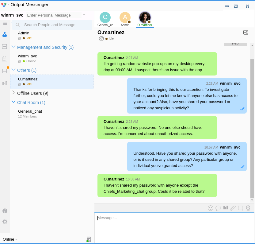 Screenshot of the personal chat with O.Martinez where she reports suspicious behaviour and explains she only shared her password in the Chief_Marketing chat