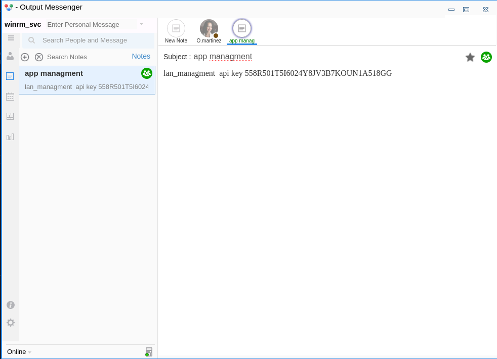 Showing one note called 'app managment' containing an API key