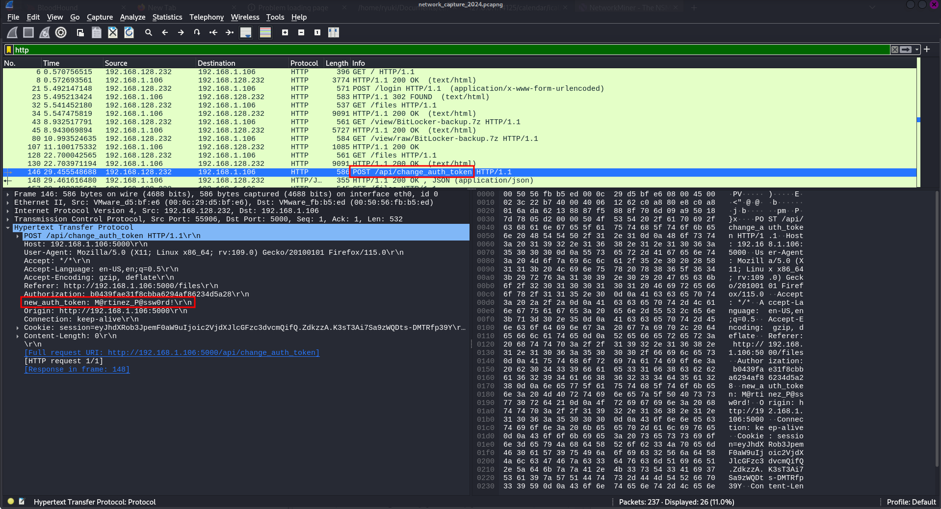 Screenshot of the packet capture in Wireshark. Filter is set to http and there's a POST to change_auth_token, exposing the new password in the details