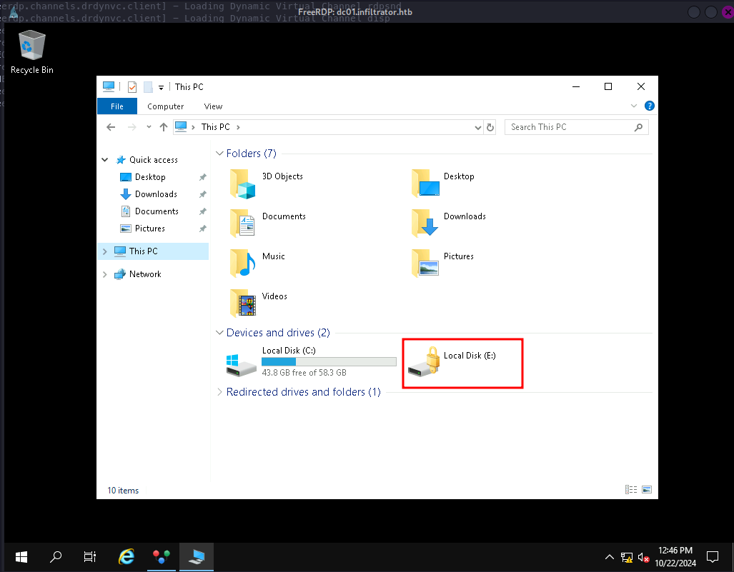 Windows explorer shown through RDP with E: shown as encrypted disk