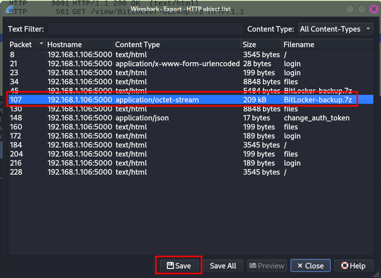 Wireshark export window with the 7z file to dump highlighted