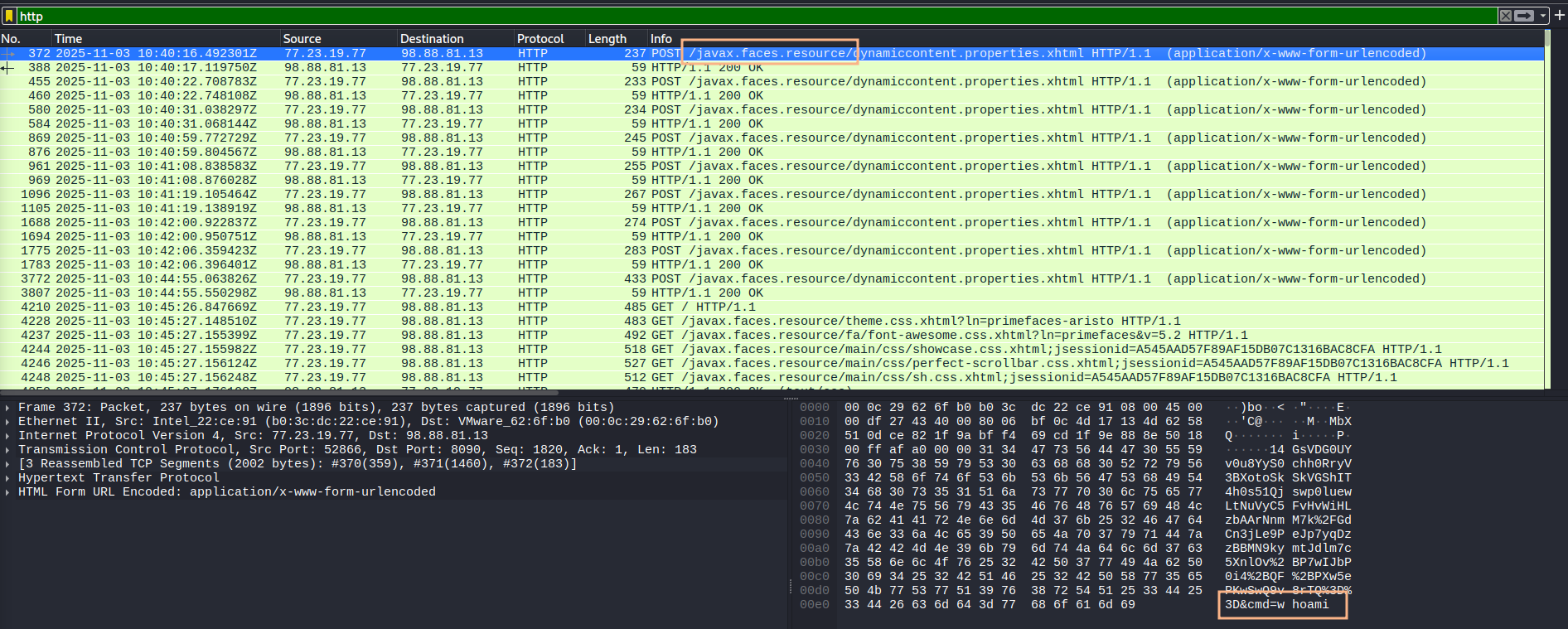 Wireshark showing POST requests with Linux commands in the submitted data