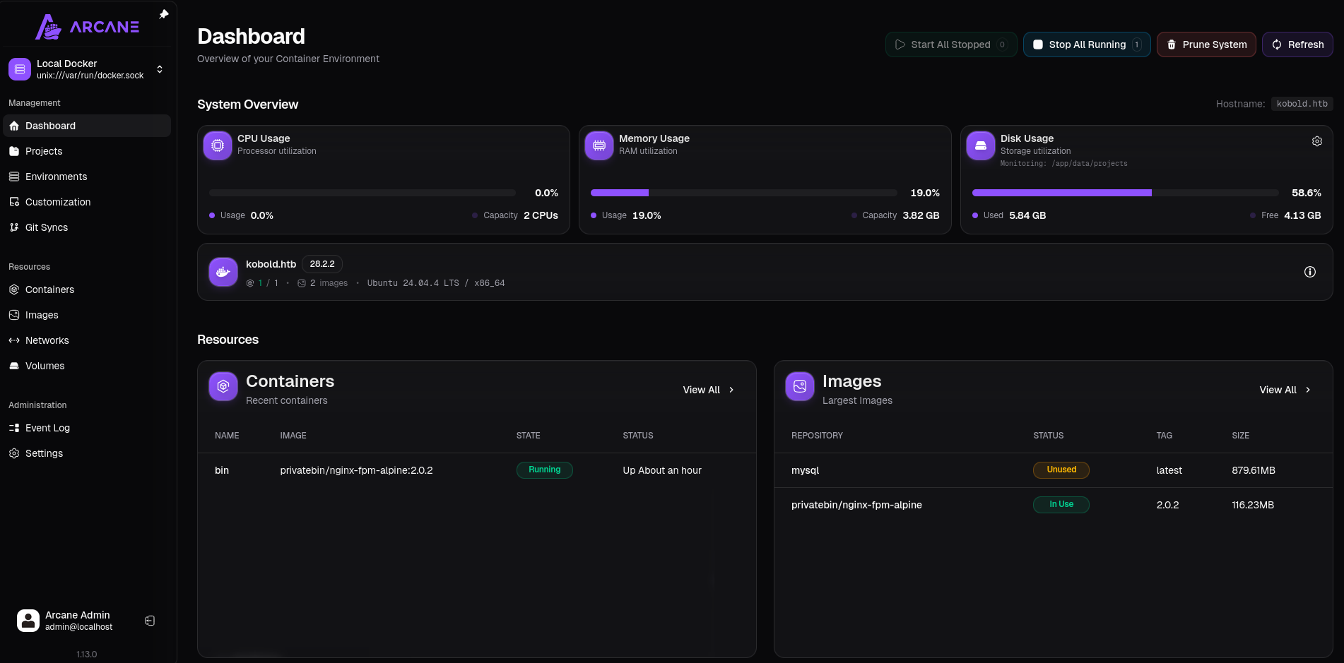 Arcane dashboard to manage the system