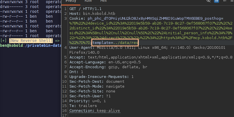 BurpSuite showing the LFI in the cookie