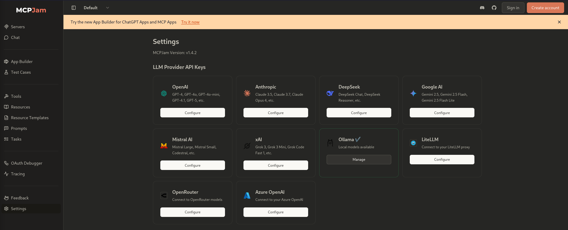 Settings page of MCPJam showing the version 1.4.2
