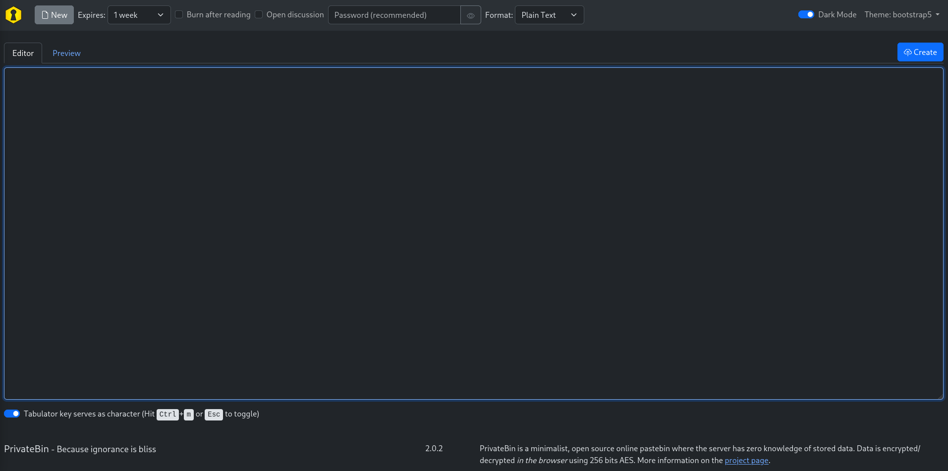 PrivateBin instance running version 2.0.2