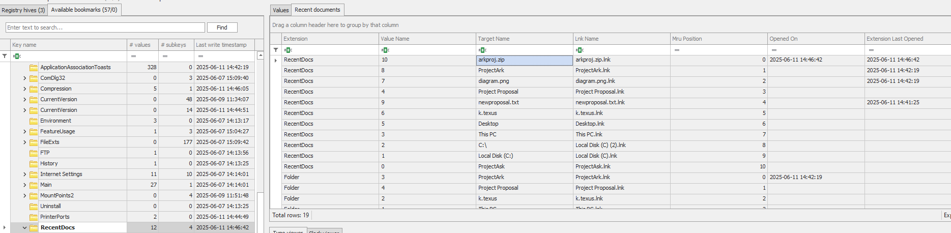 RegistryExplorer shows the recent files and folders for user k.texus