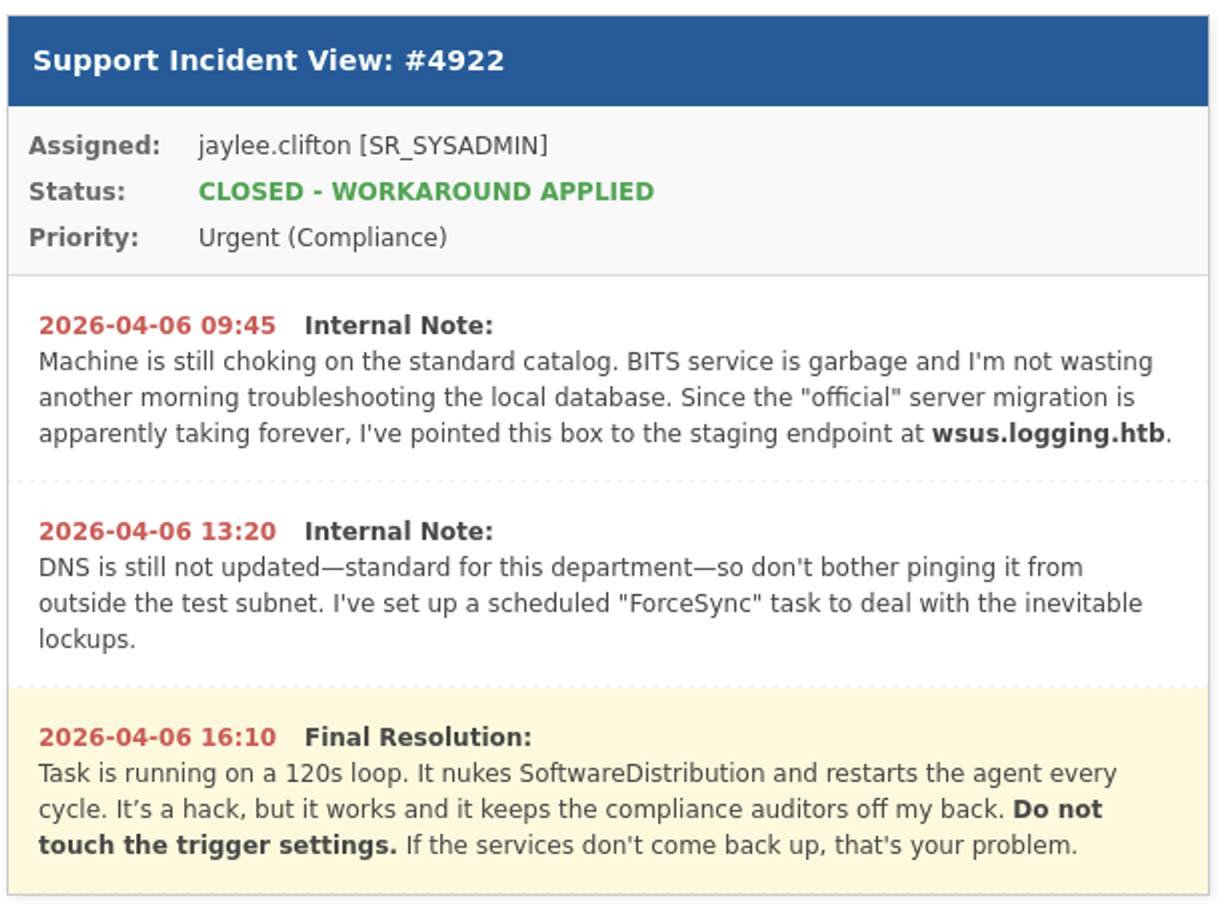 Ticket about a migration to wsus.logging.htb, a missing DNS record and a task to check for access every 120 seconds