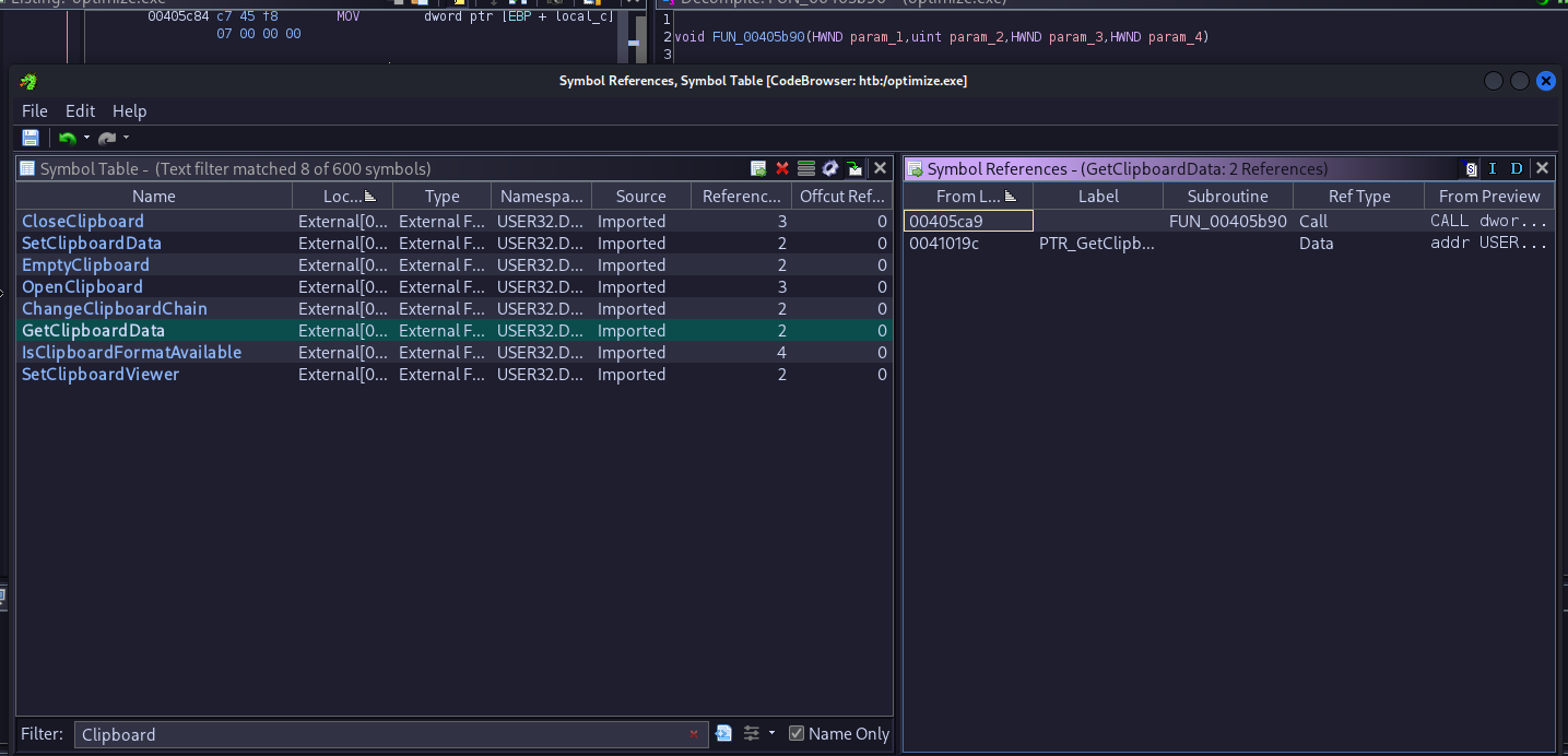 Ghidra showing all API calls containing Clipboard
