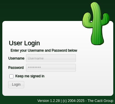 Cacti login prompt showing version 1.2.28