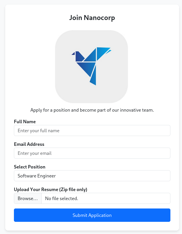 Form to apply to Nanocorp asking for a name, an email and a position. It allows to upload the resume as ZIP file