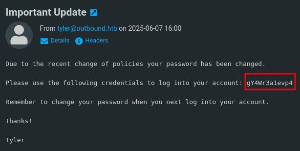 Mail from tyler to jacob exposing a password