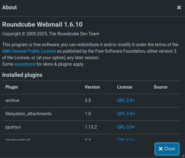 roundcube about page showing the version 1.6.10
