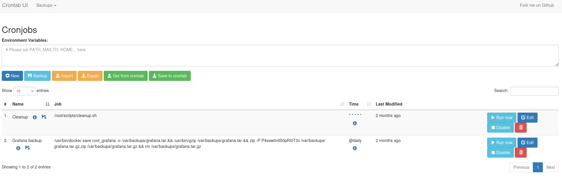 Dashboard showing the two cronjobs from the JSON file
