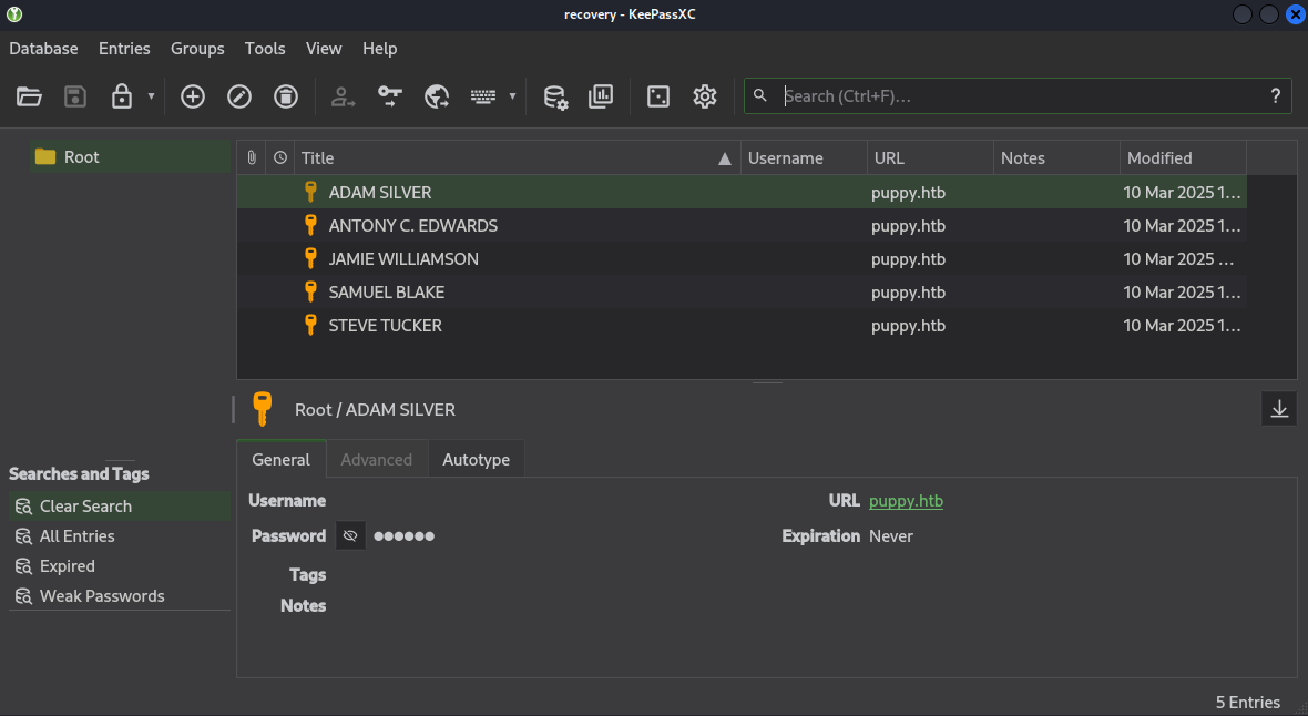 |KeepassXC showing 5 entries for users on puppy.htb