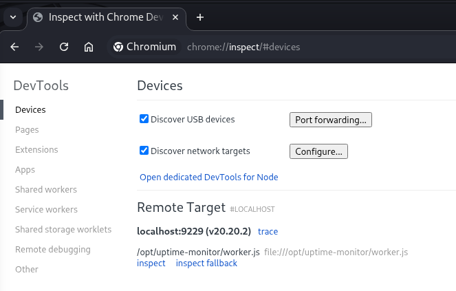 Chrome showing the remote target for debugging