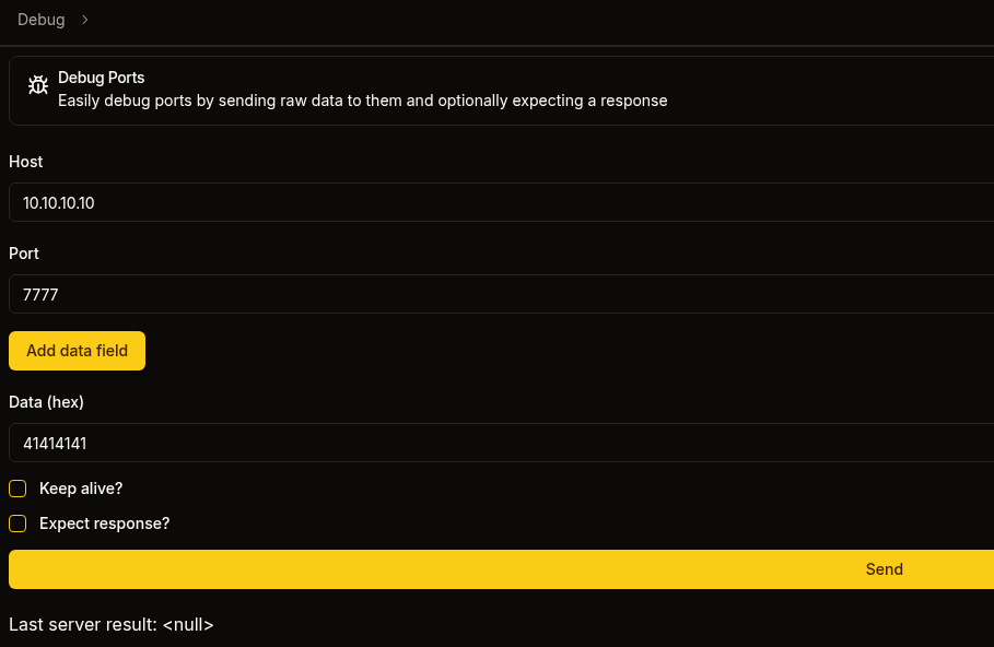 Debug feature letting the user send data to a host on a port