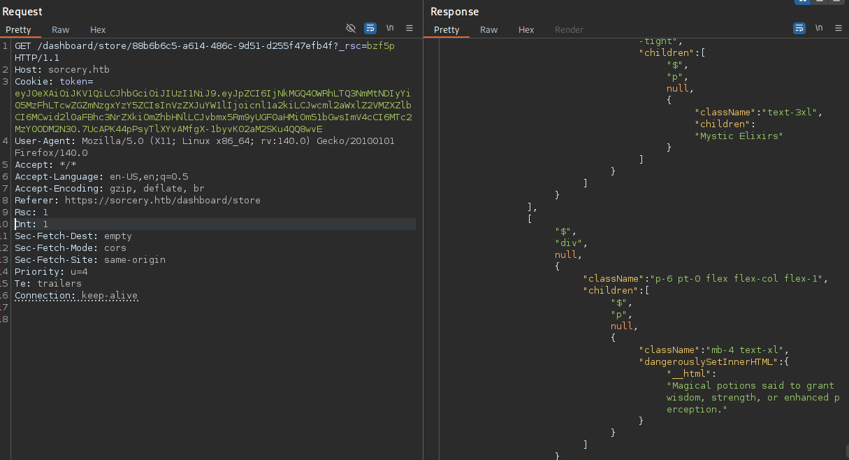 BurpSuite showing the response for a specific product