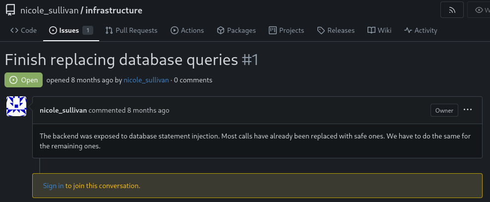 Issue in the repository mentioning SQL injection
