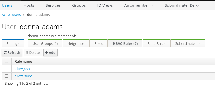 HBAC Rules for donna_adams show sudo and ssh